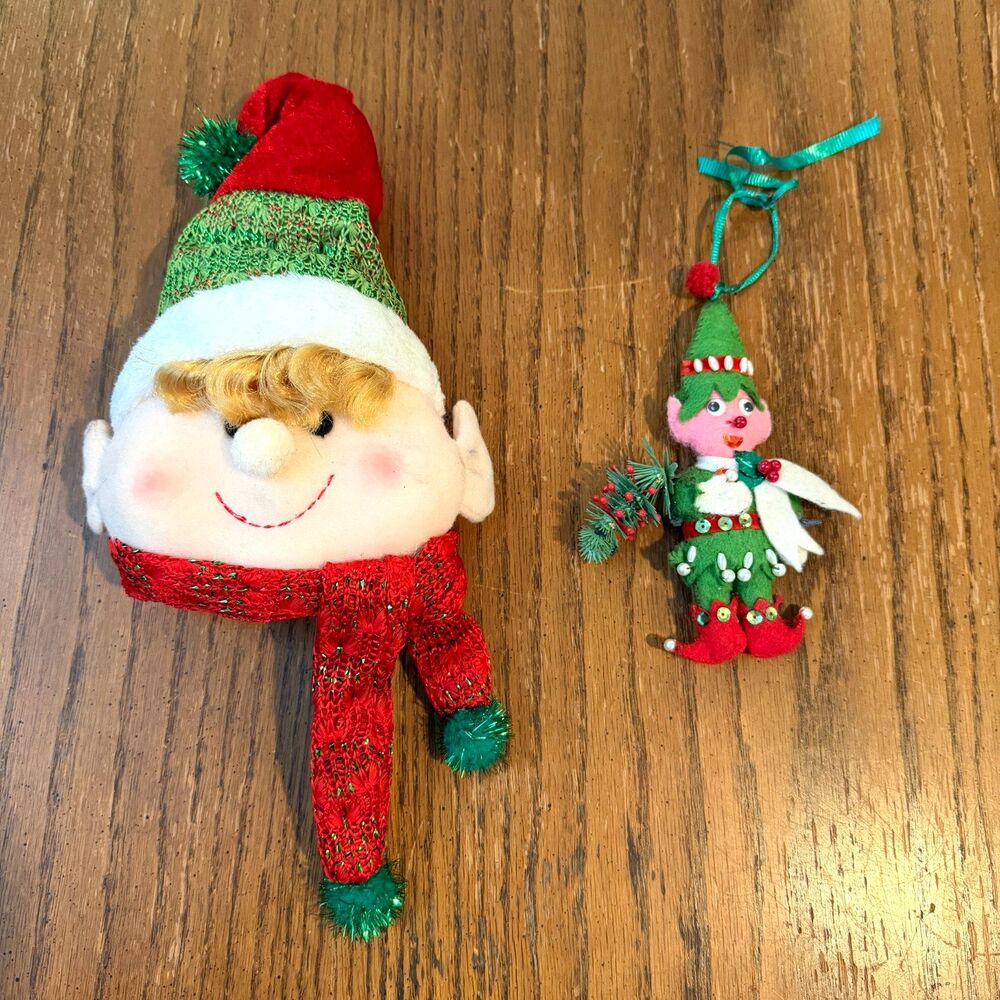 Vintage Christmas Elf Head Plush & Felt Pixie Ornament Lot of 2 Retro Decor